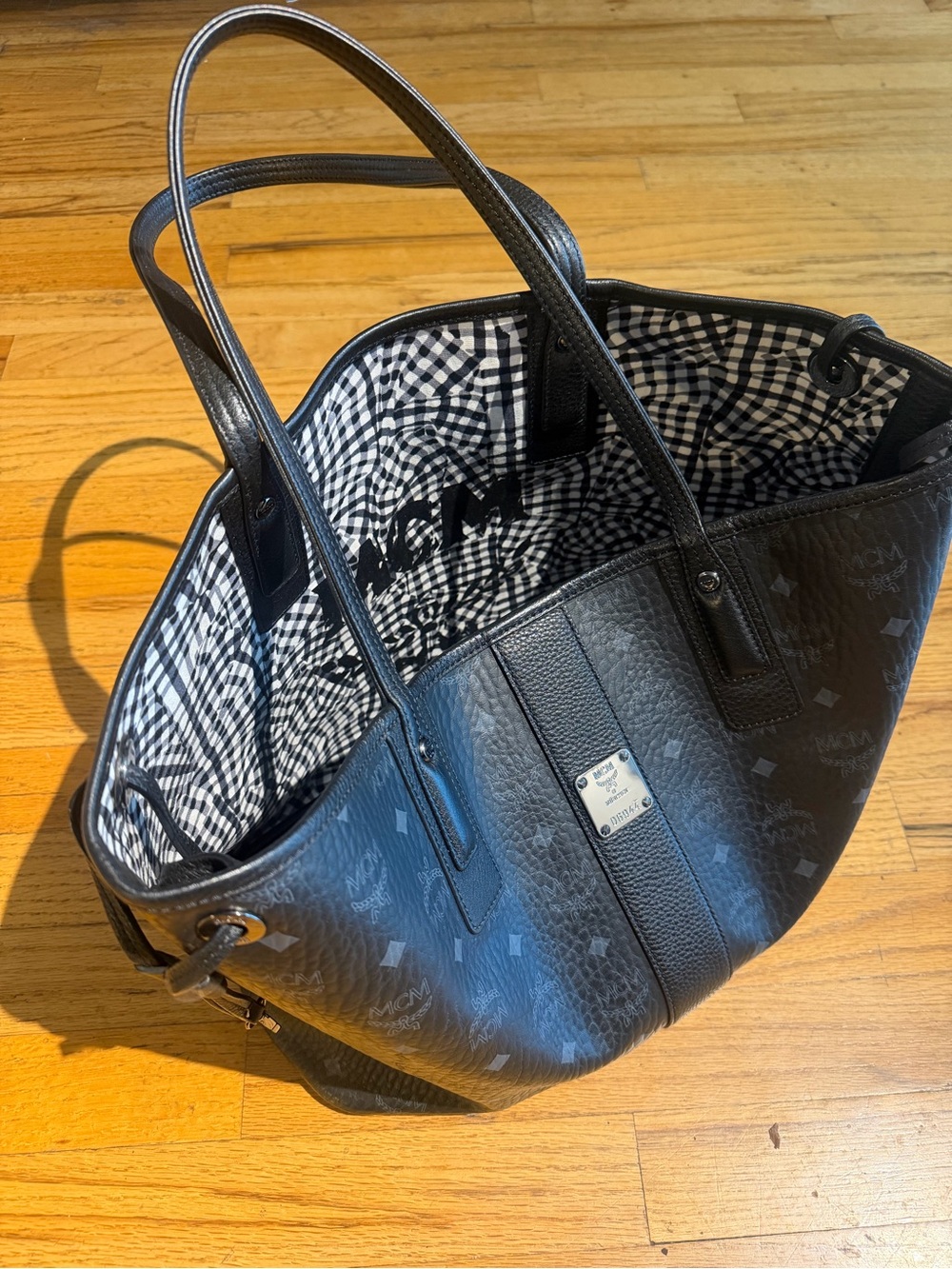 MCM Black Logo-Print Reversible Gingham Tote